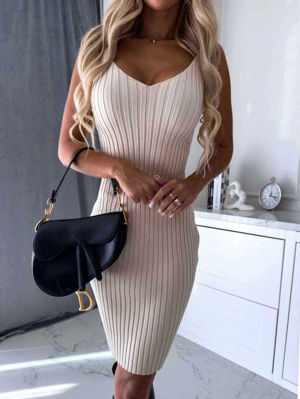 2Pcs Suit Women'S Solid Stripe Long-Sleeved Top and Tight Suspender Sknull