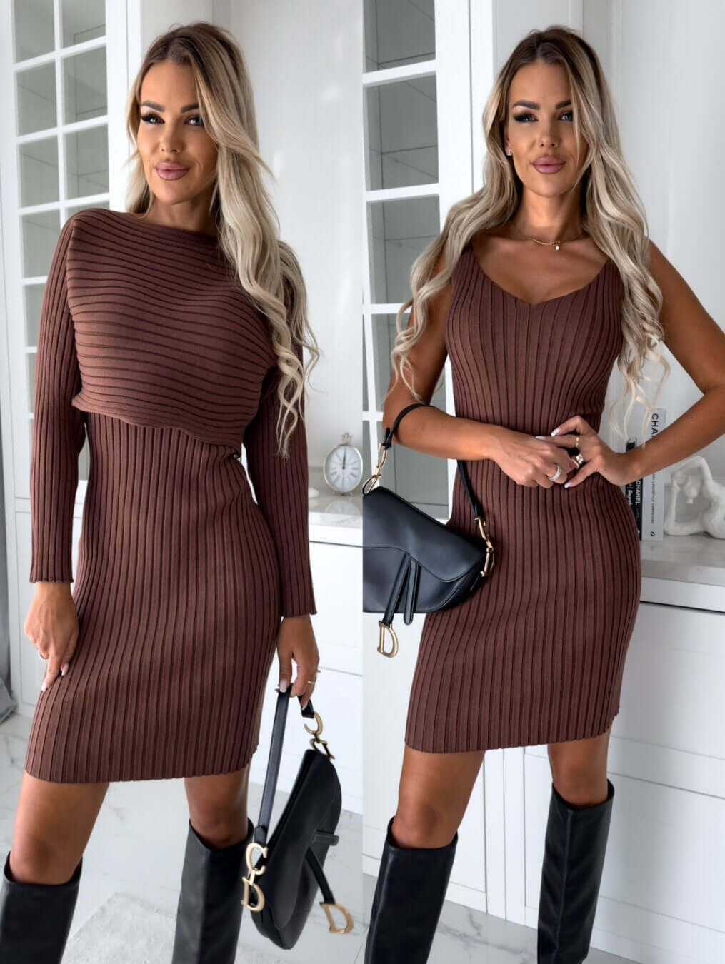 2Pcs Suit Women'S Solid Stripe Long-Sleeved Top and Tight Suspender Sknull