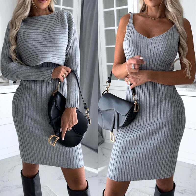 2Pcs Suit Women'S Solid Stripe Long-Sleeved Top and Tight Suspender Sknull