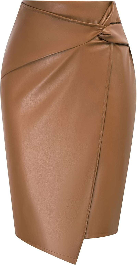 Women'S Faux Leather High Waist Wrap Knit Bodycon Midi Skirt for BusinWomen's Faux Leather