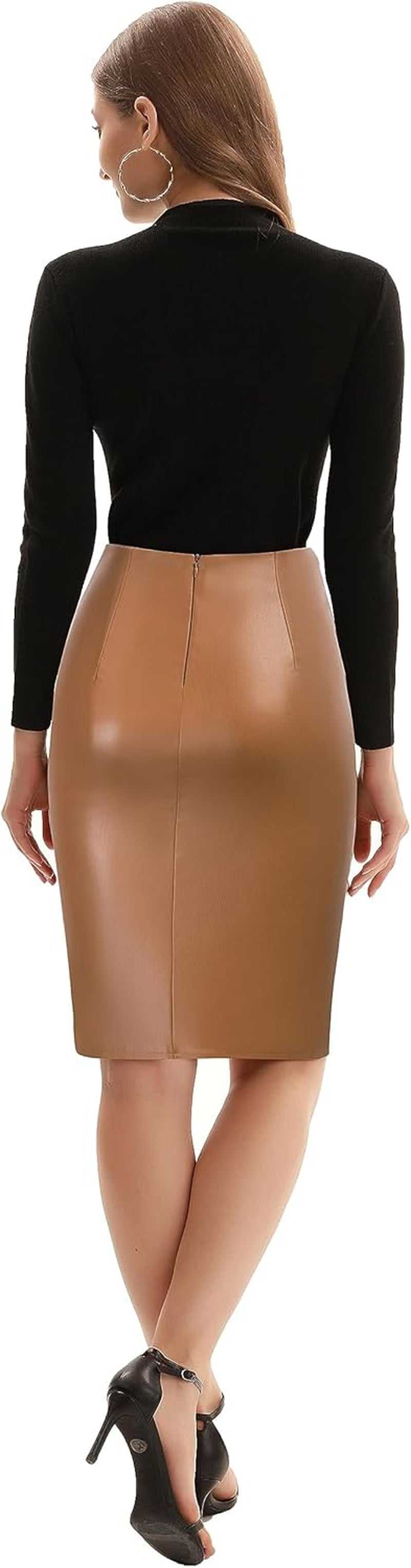 Women'S Faux Leather High Waist Wrap Knit Bodycon Midi Skirt for BusinWomen's Faux Leather