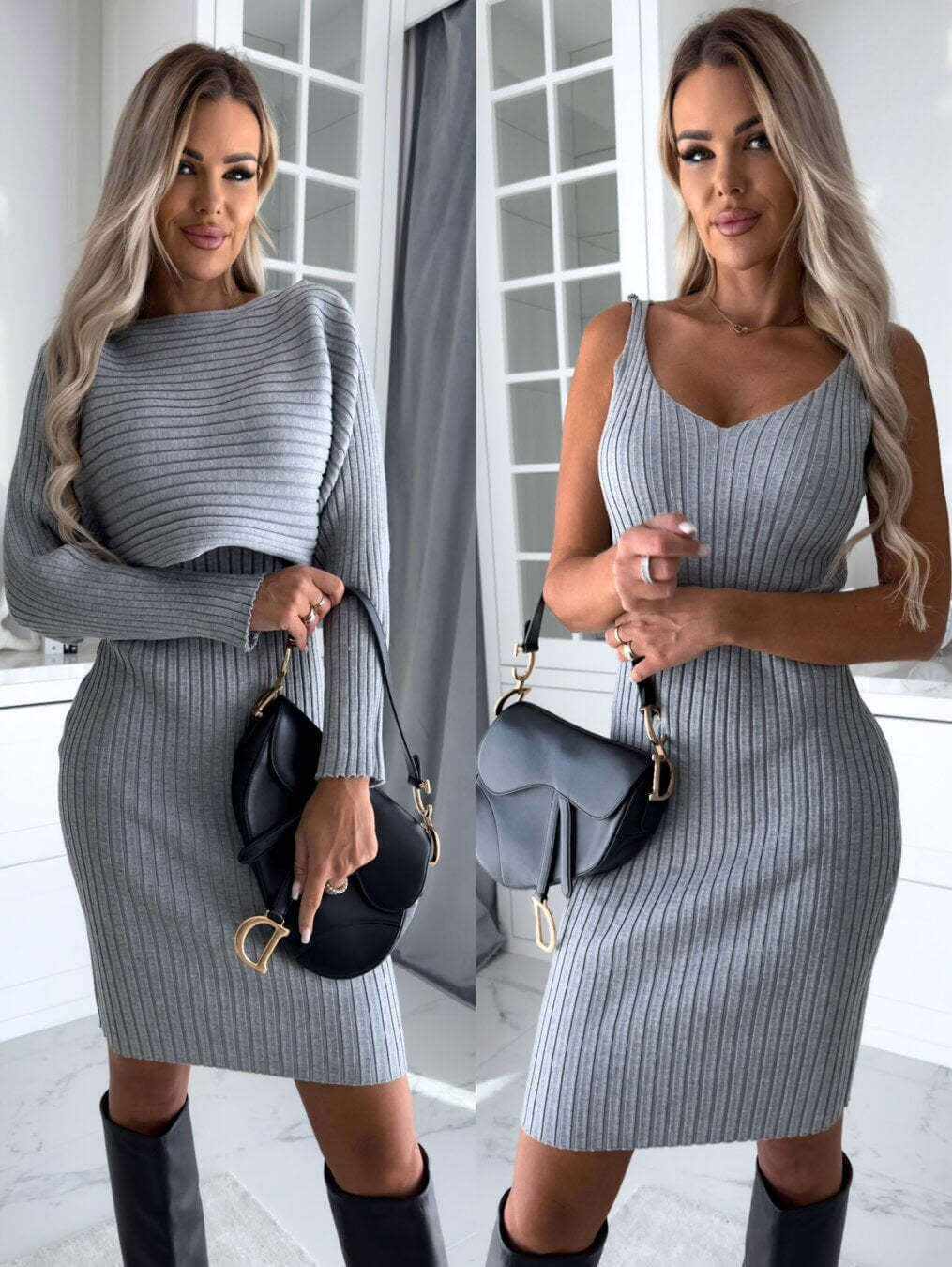 2Pcs Suit Women'S Solid Stripe Long-Sleeved Top and Tight Suspender Sknull