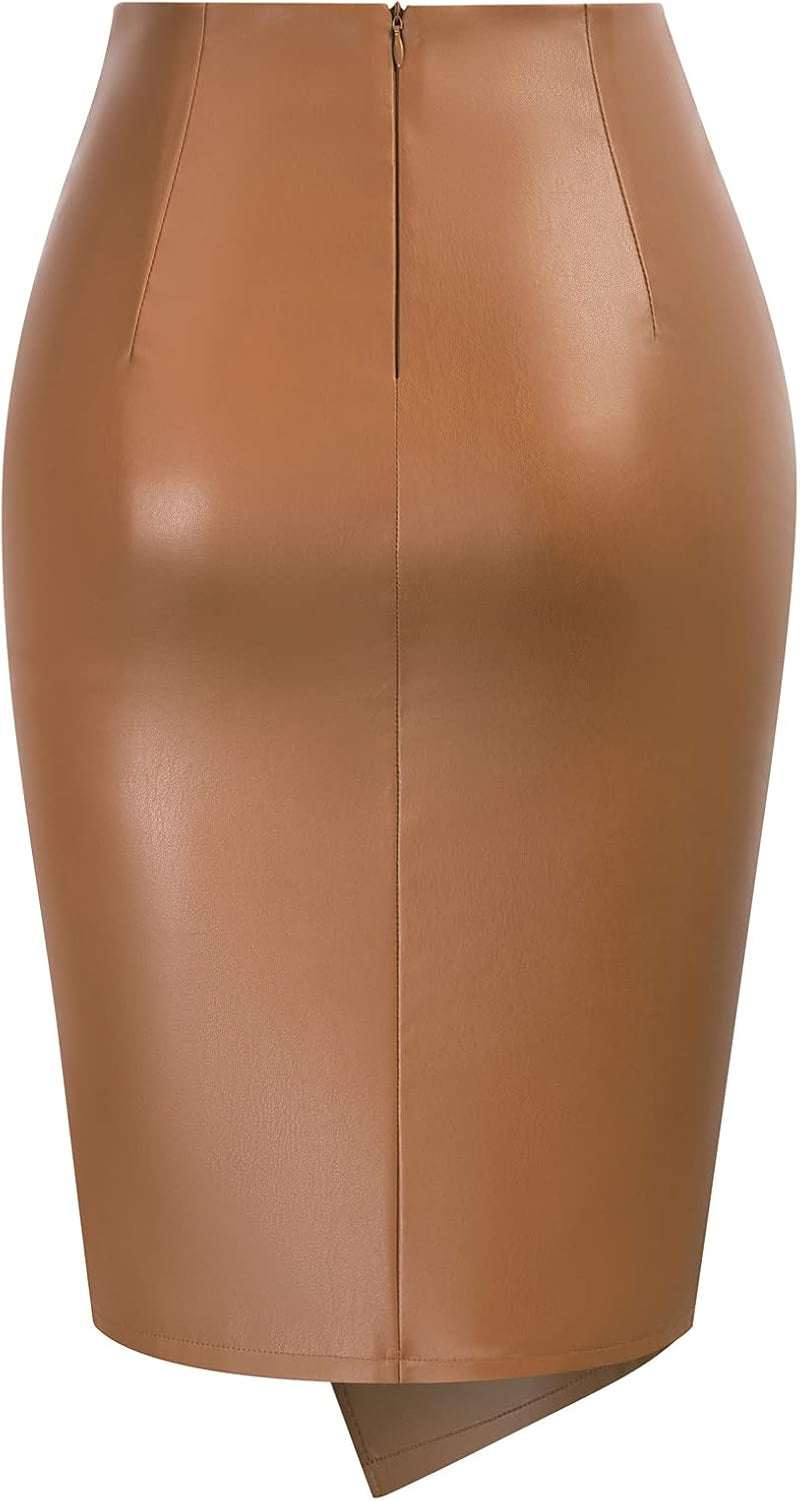 Women'S Faux Leather High Waist Wrap Knit Bodycon Midi Skirt for BusinWomen's Faux Leather