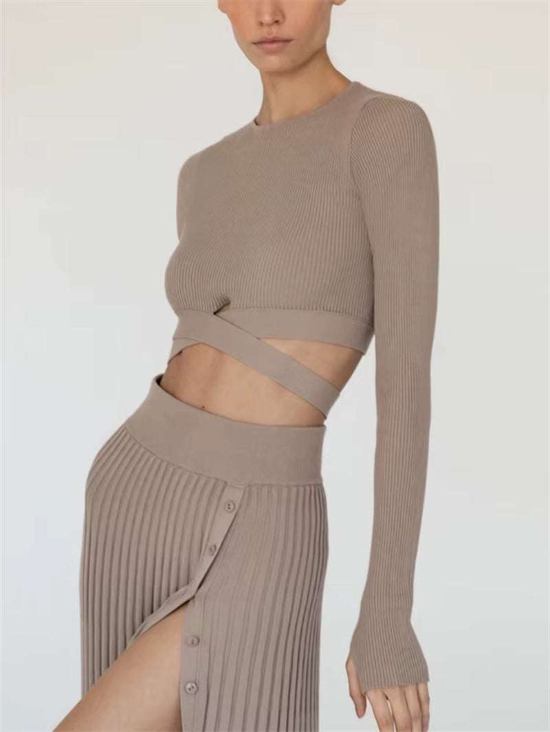 New White Knit Two Piece Women Sets Fall Ribbed Crop Top and Pleated Knull