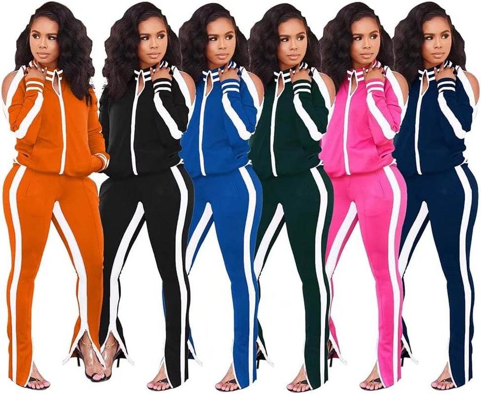 Women'S Two Piece Outfits Cold Shoulder Bodycon Jacket Pants Jogging SWomen'S Two Piece Outfits