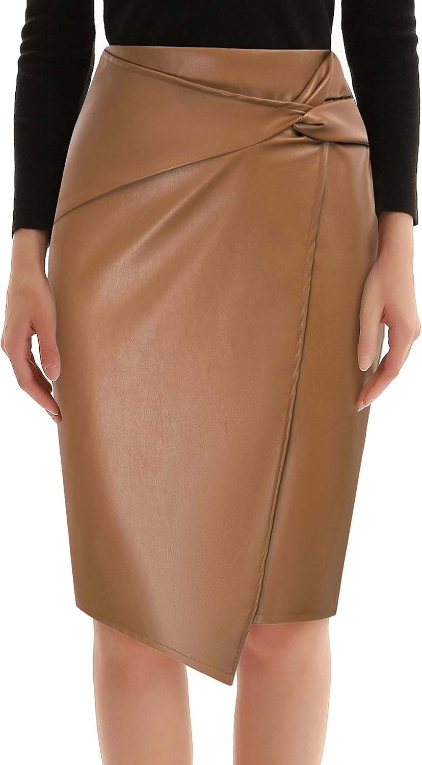 Women'S Faux Leather High Waist Wrap Knit Bodycon Midi Skirt for BusinWomen's Faux Leather