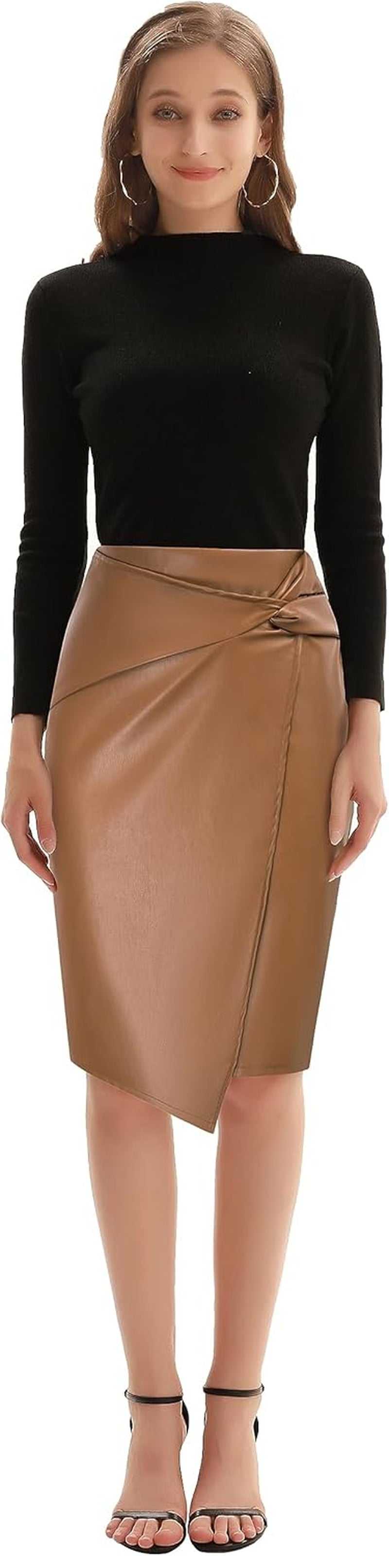 Women'S Faux Leather High Waist Wrap Knit Bodycon Midi Skirt for BusinWomen's Faux Leather